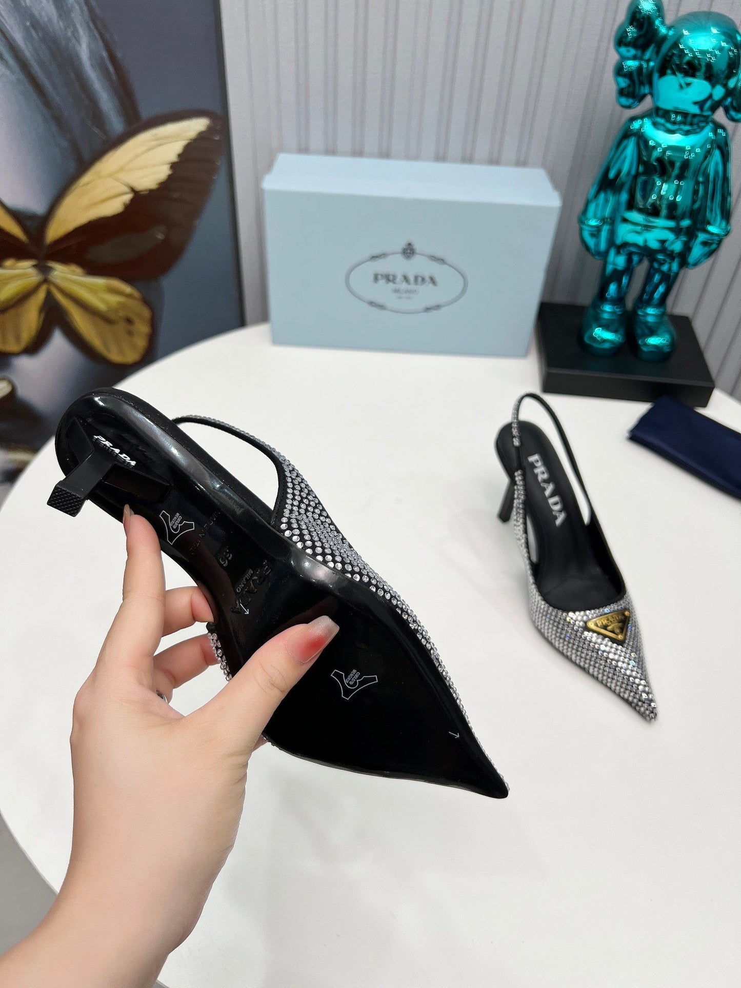 HIGH-HEEL SLING BACK PUMPS IN BLACK SATIN WITH WHITE CRYSTALS - 34