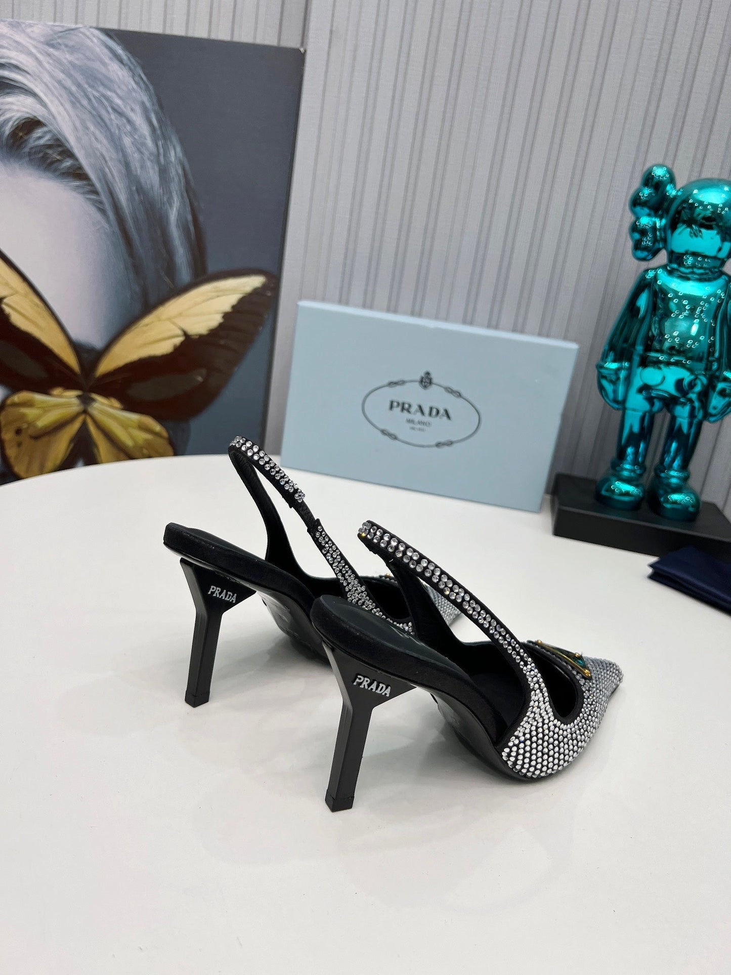 HIGH-HEEL SLING BACK PUMPS IN BLACK SATIN WITH WHITE CRYSTALS - 34