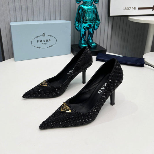 PRADA 26S ТУФЛІ-ЧОВНИКИ З ЗАГОСТРЕНИМ НОСОМ НА ШПИЛЬЦІ 80 ММ, ЧОРНІ, ПРИКРАШЕНІ КРИСТАЛАМИ