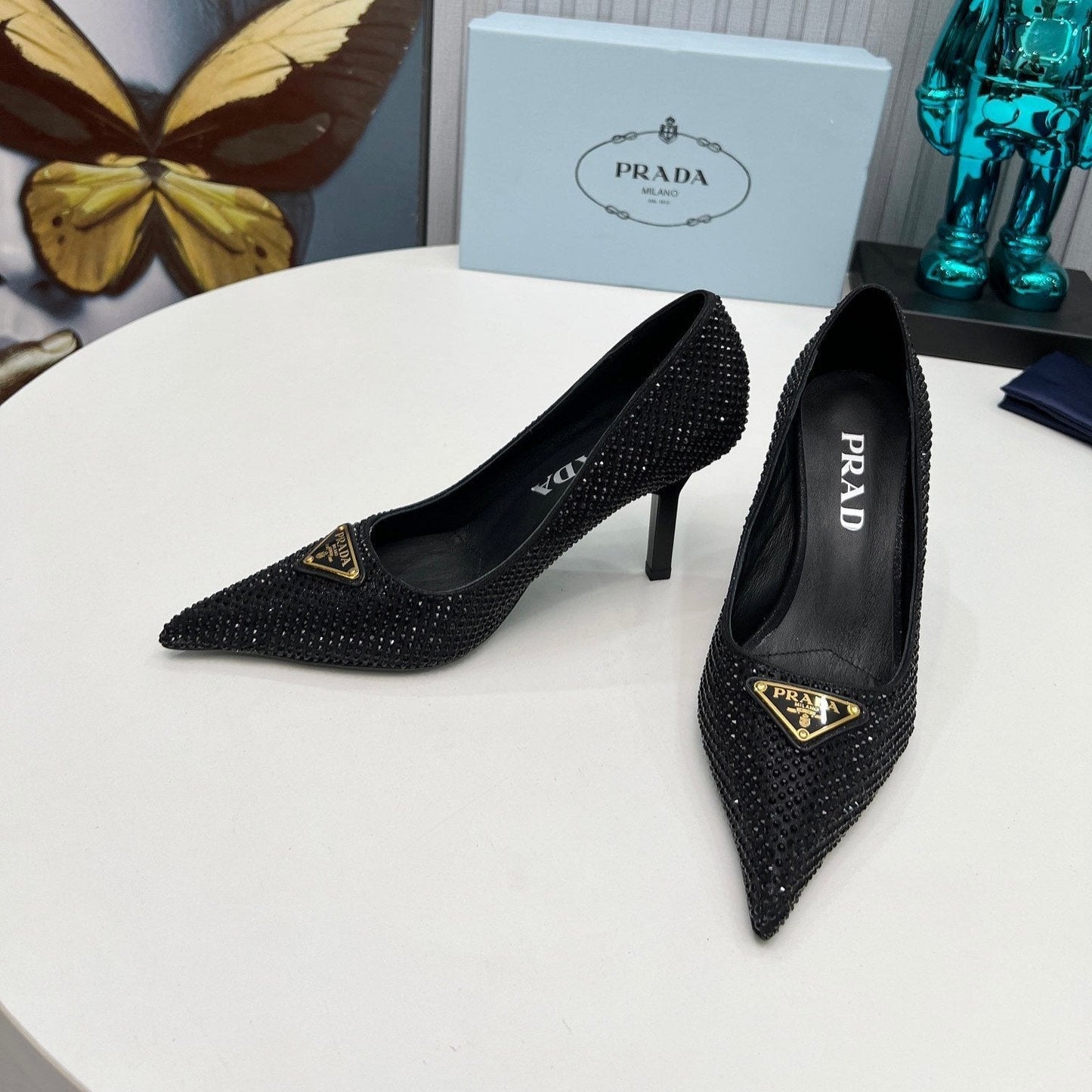 CRYSTAL HIGH-HEEL PUMPS IN BLACK SATIN WITH TRIANGLE LOGO - 34