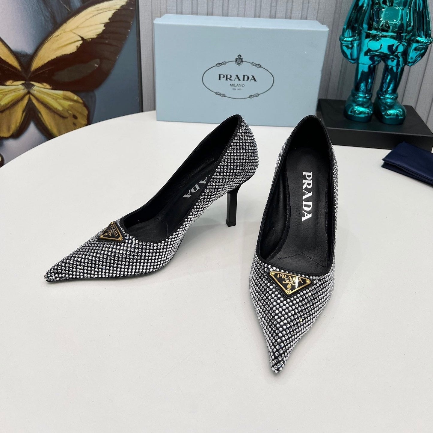 TRIANGLE LOGO HIGH-HEEL PUMPS IN BLACK SATIN WITH WHITE CRYSTALS - 34