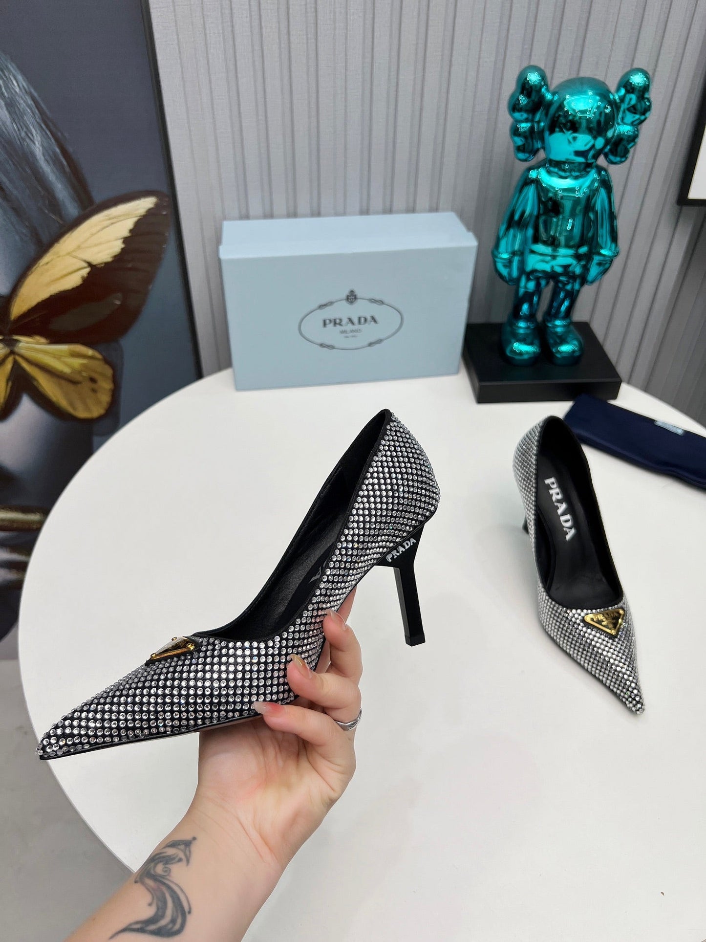 TRIANGLE LOGO HIGH-HEEL PUMPS IN BLACK SATIN WITH WHITE CRYSTALS - 34