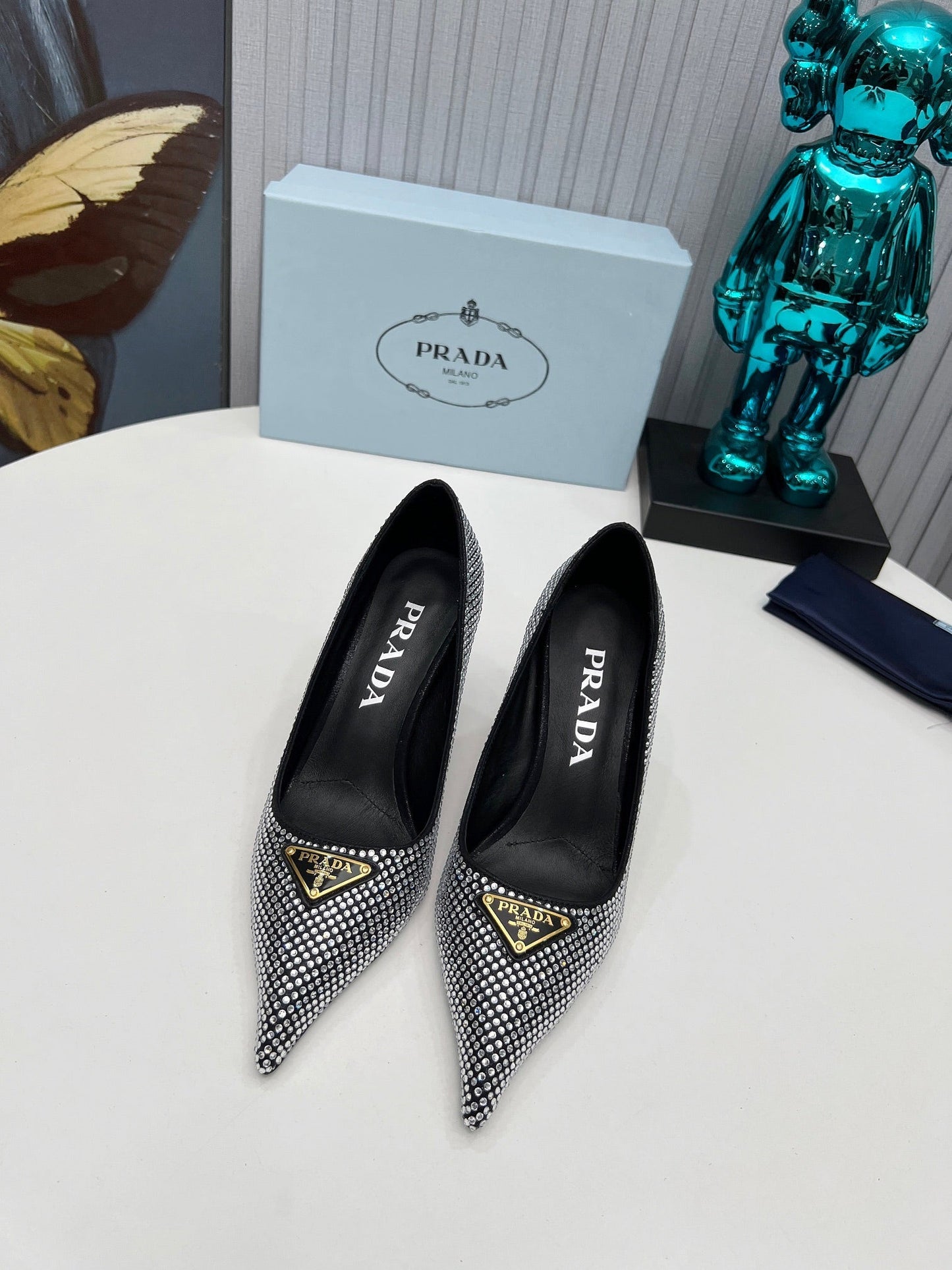TRIANGLE LOGO HIGH-HEEL PUMPS IN BLACK SATIN WITH WHITE CRYSTALS - 34