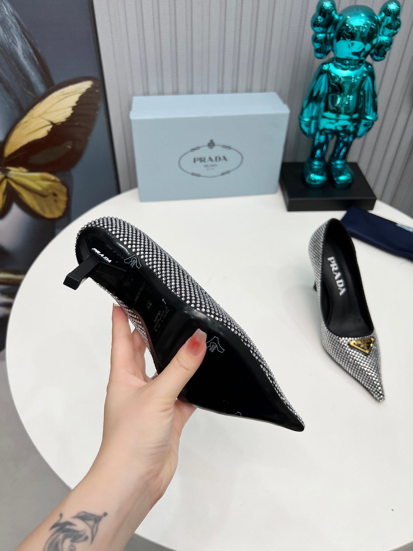 TRIANGLE LOGO HIGH-HEEL PUMPS IN BLACK SATIN WITH WHITE CRYSTALS - 34