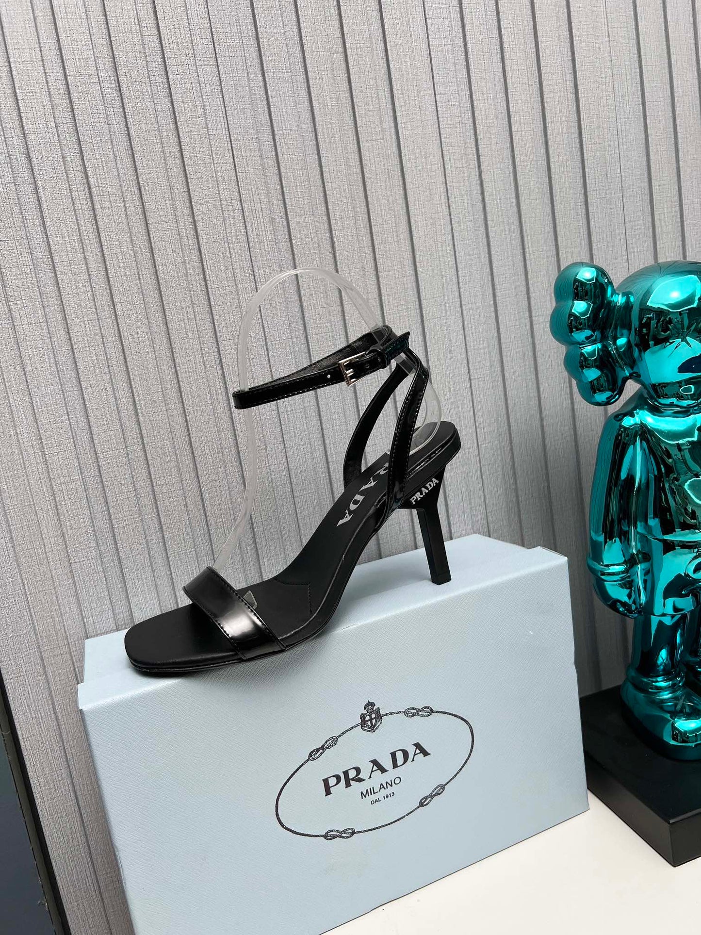 PRADA 26S ANKLE STRAP SANDALS STILETTO HEEL 80MM IN BLACK SHINE CALFSKIN
