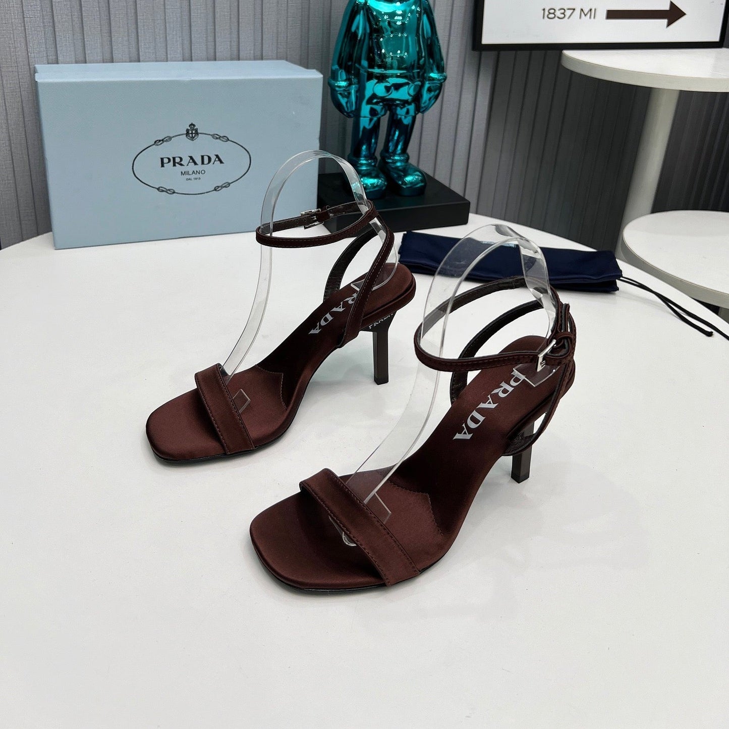 PRADA 26S ANKLE STRAP SANDALS STILETTO HEEL 80MM IN DARK BROWN SATIN