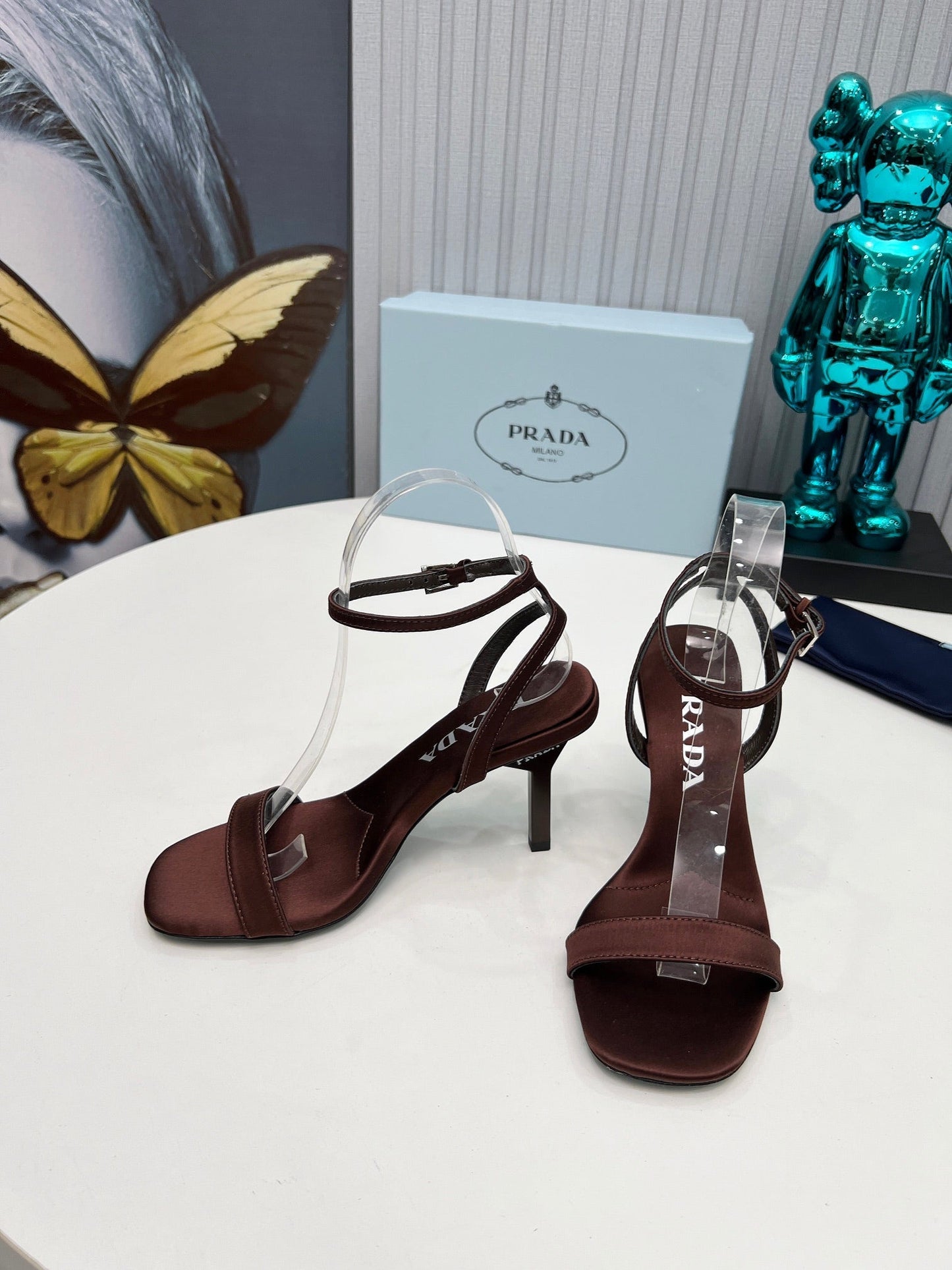 PRADA 26S ANKLE STRAP SANDALS STILETTO HEEL 80MM IN DARK BROWN SATIN