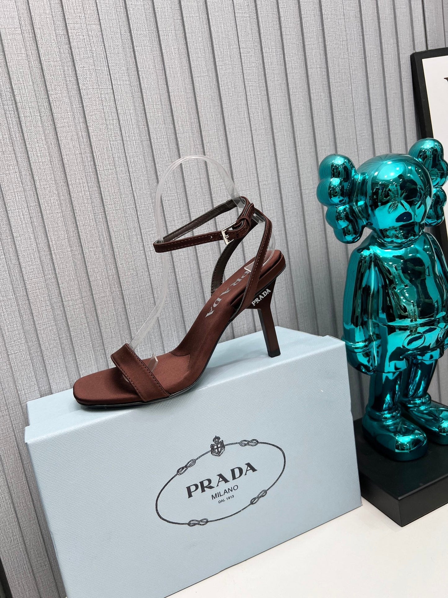 PRADA 26S ANKLE STRAP SANDALS STILETTO HEEL 80MM IN DARK BROWN SATIN