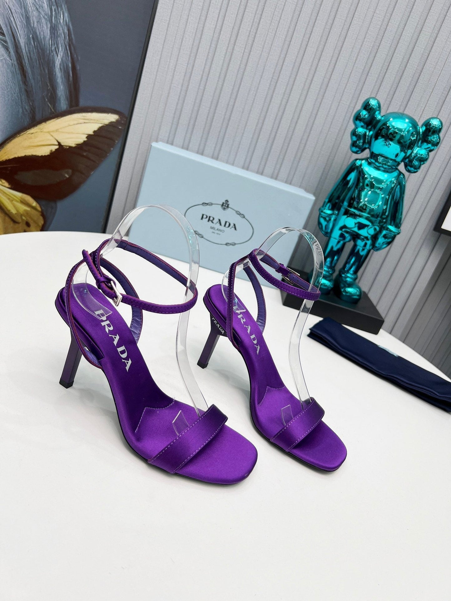 PRADA 26S ANKLE STRAP SANDALS STILETTO HEEL 80MM IN DEEP PURPLE SATIN
