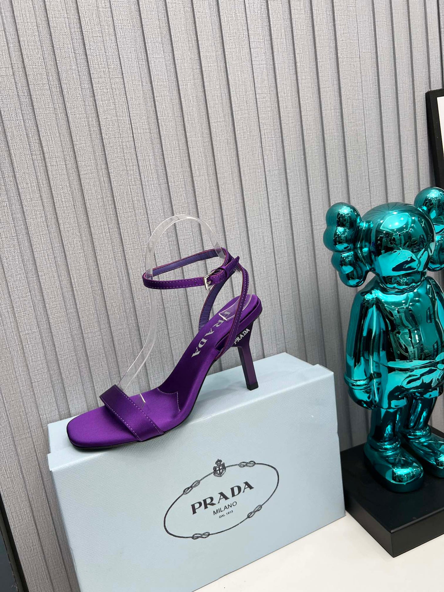 PRADA 26S ANKLE STRAP SANDALS STILETTO HEEL 80MM IN DEEP PURPLE SATIN