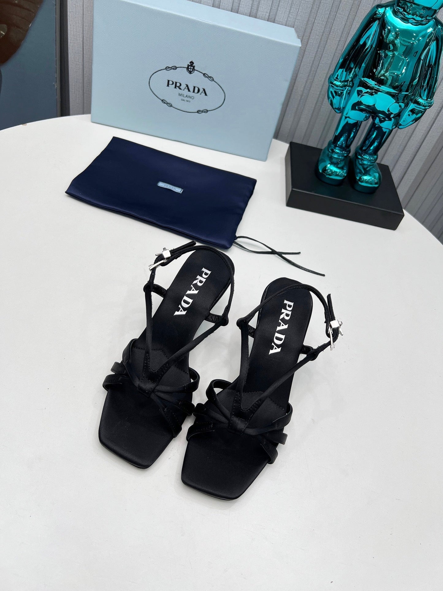 PRADA 26S STRAPPY SANDALS STILETTO HEEL 60MM IN BLACK SATIN