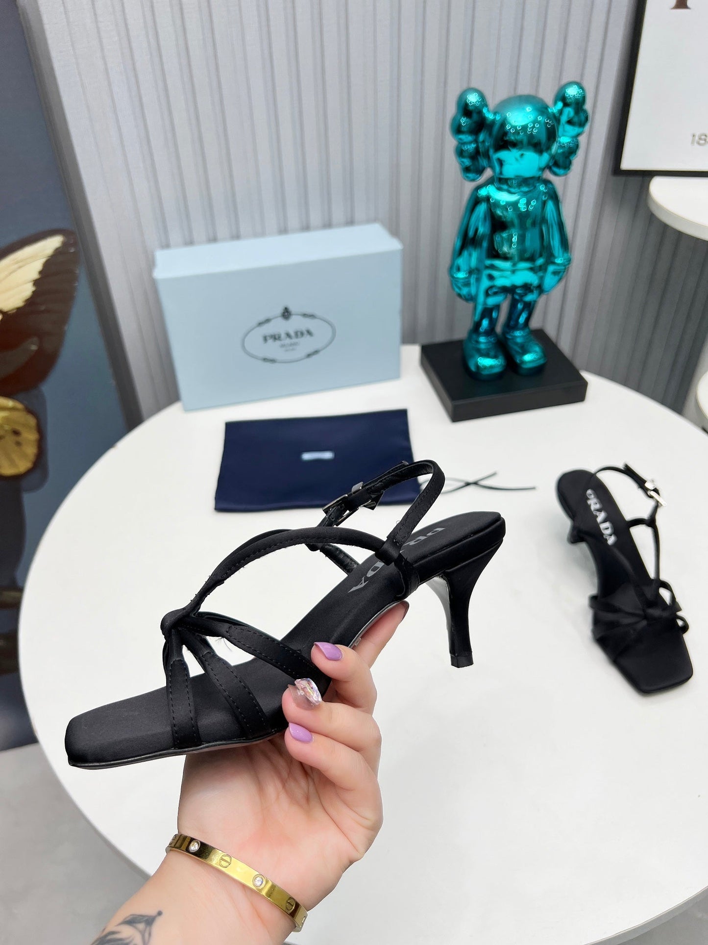 PRADA 26S STRAPPY SANDALS STILETTO HEEL 60MM IN BLACK SATIN