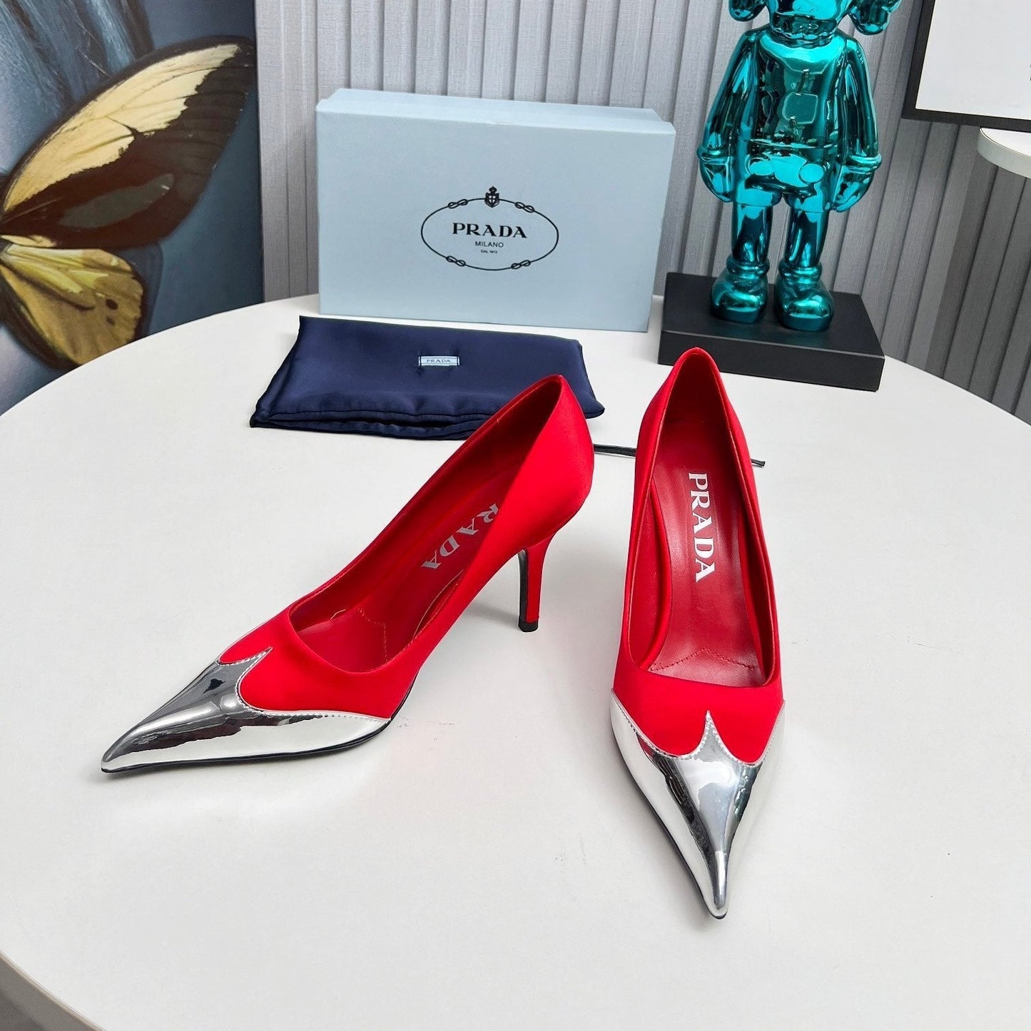 HIGH POINTED-TOE PUMPS IN RED MIX SILVER SATIN - 35