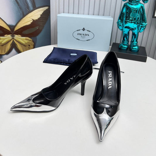 HIGH POINTED-TOE PUMPS IN SILVER MIX BLACK GLOSSY CALFSKIN - 35
