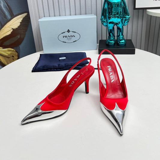 HIGH SLING BACK PUMPS IN SILVER MIX RED SATIN - 35