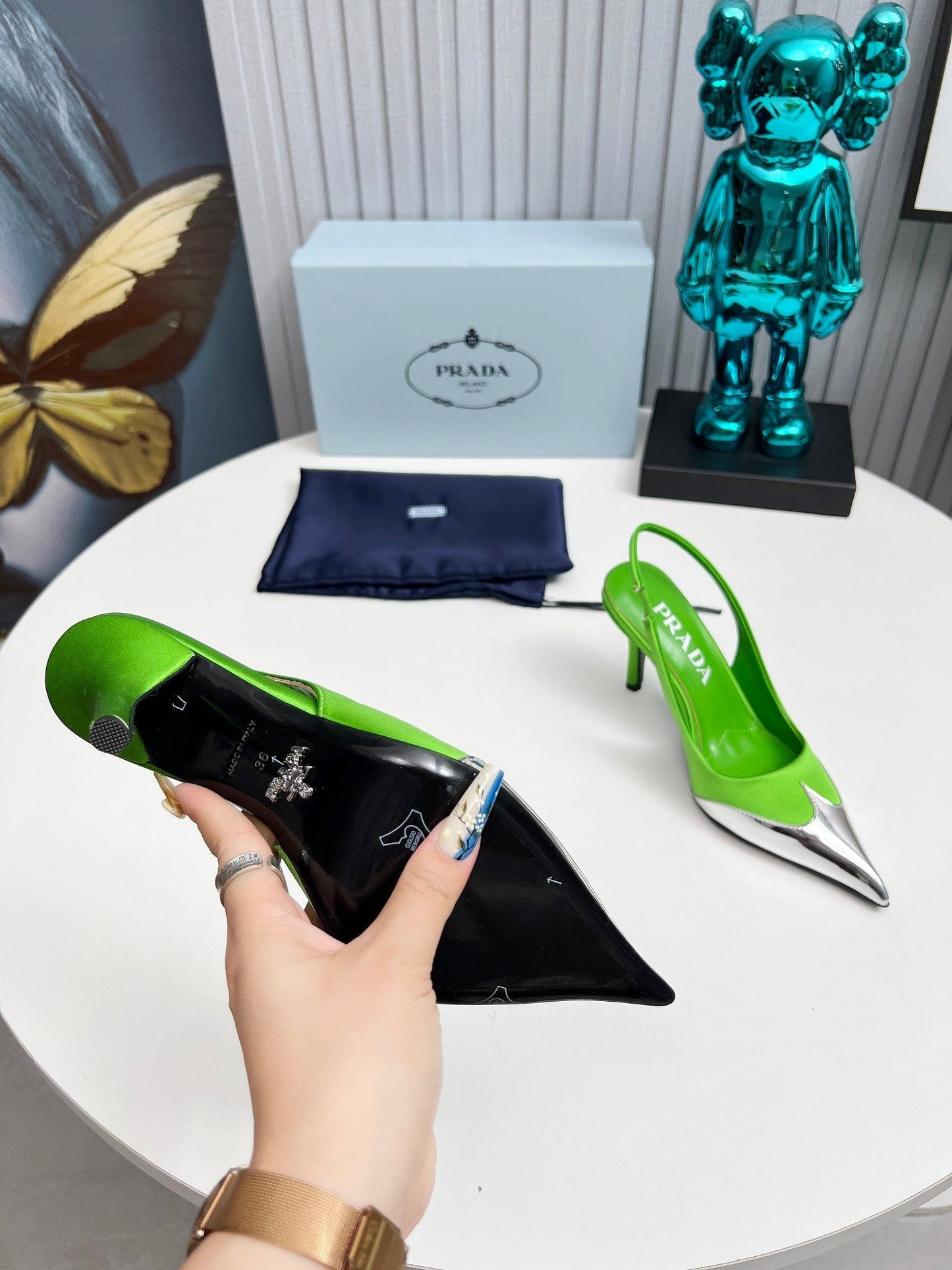 HIGH SLING BACK PUMPS IN SILVER MIX LIME GREEN SATIN - 35