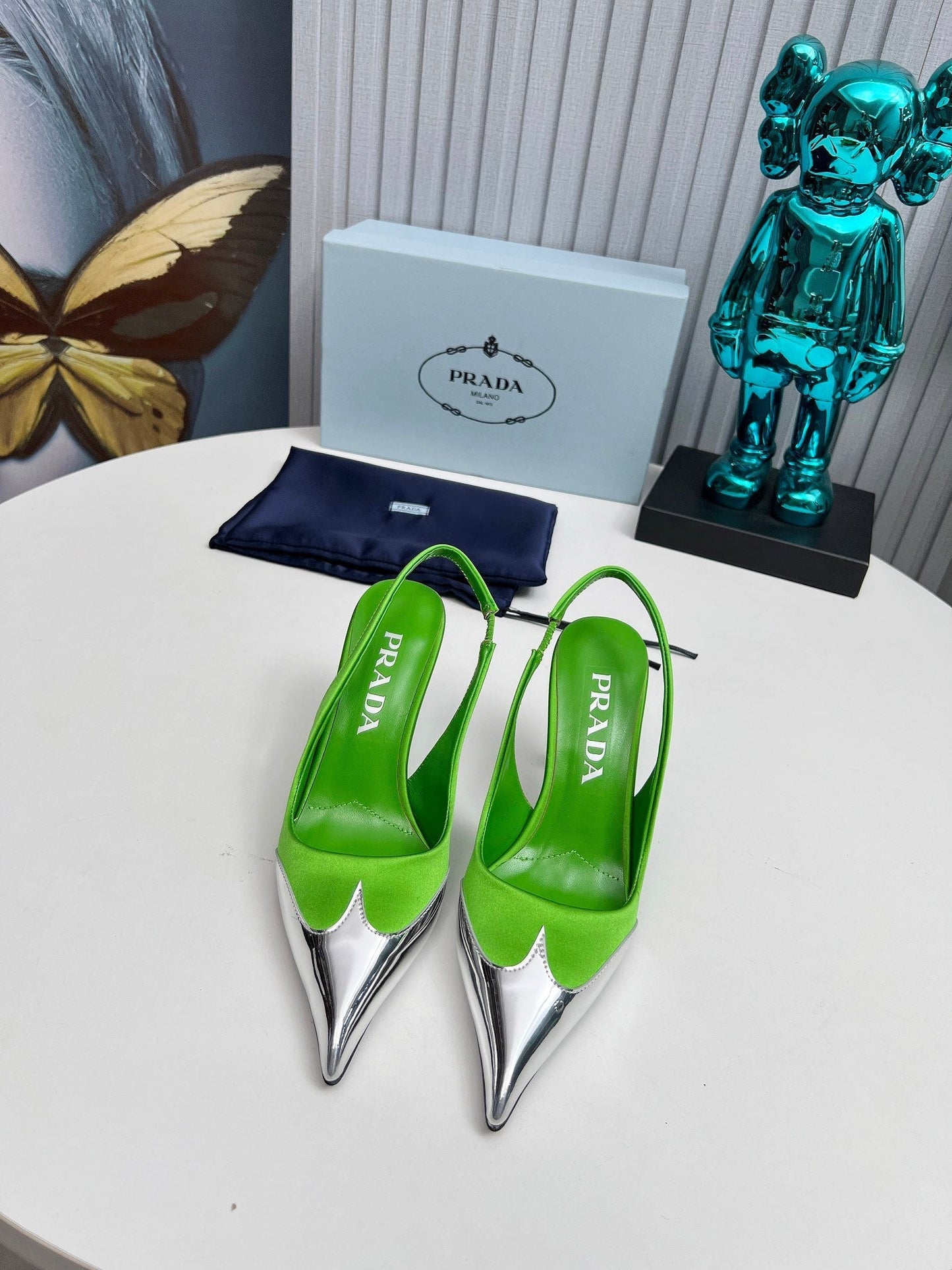 HIGH SLING BACK PUMPS IN SILVER MIX LIME GREEN SATIN - 35
