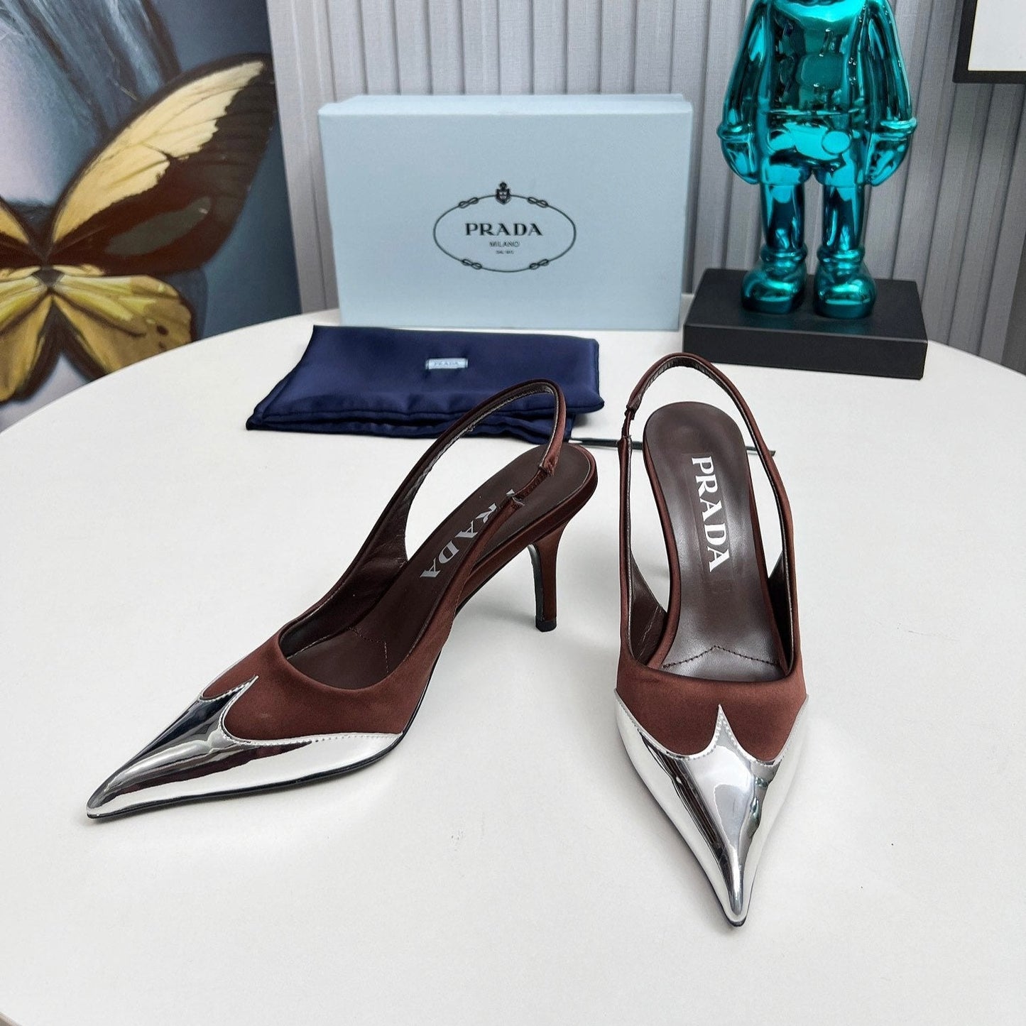 HIGH SLING BACK PUMPS IN SILVER MIX CHOCOLATE SATIN - 35