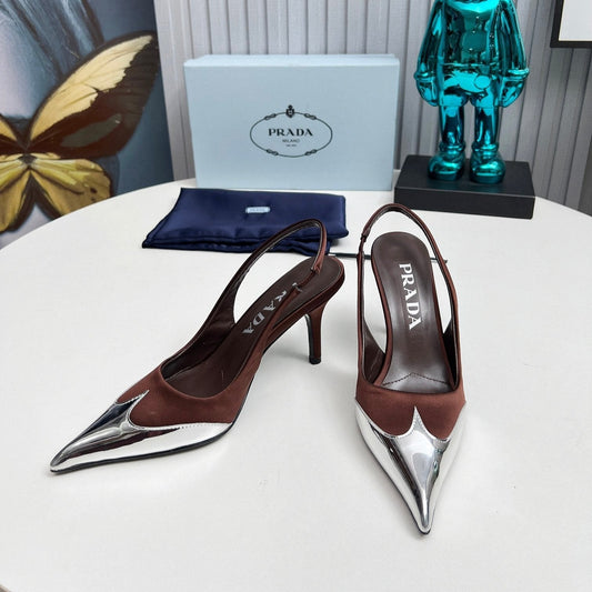 HIGH SLING BACK PUMPS IN SILVER MIX CHOCOLATE SATIN - 35