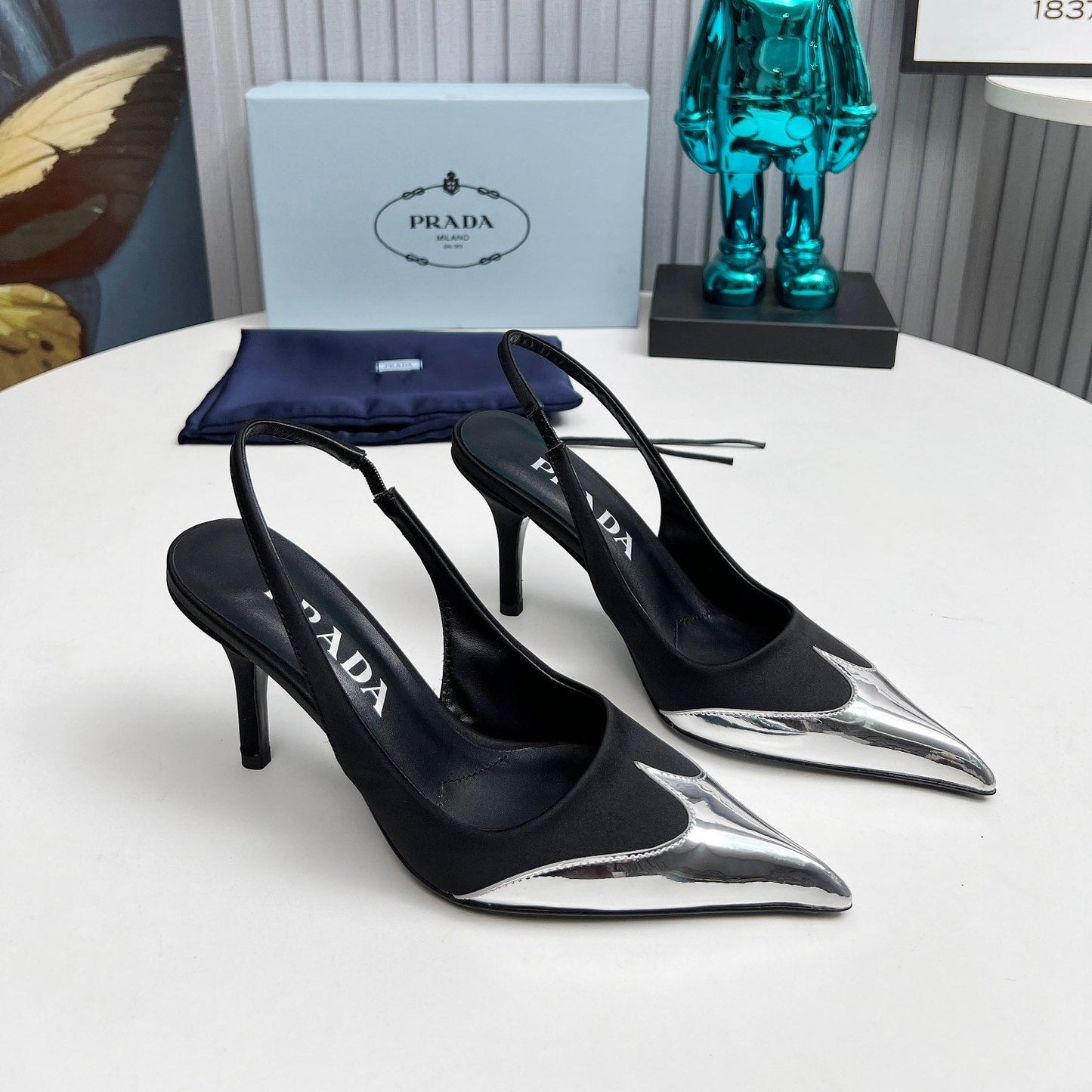 HIGH SLING BACK PUMPS IN SILVER MIX BLACK SATIN - 35
