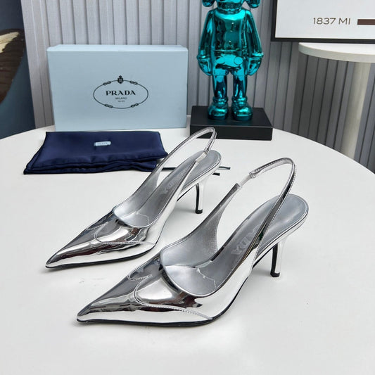 HIGH SLING BACK PUMPS IN SILVER GLOSSY CALFSKIN - 35