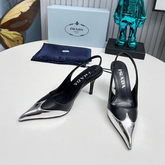 HIGH SLING BACK PUMPS IN SILVER MIX BLACK CALFSKIN - 35