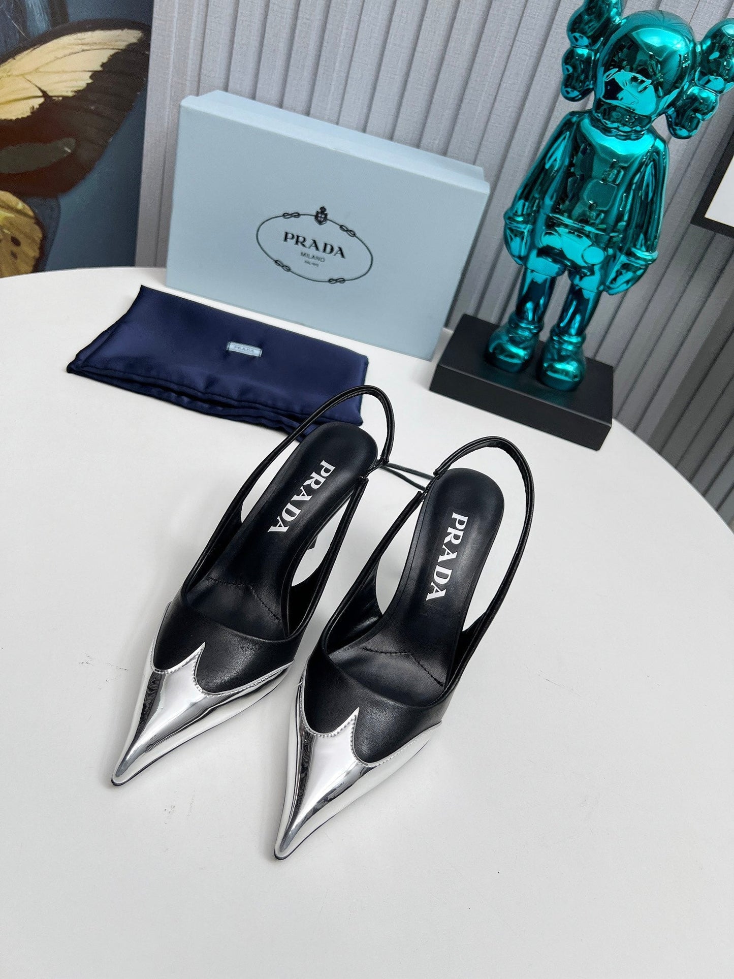 HIGH SLING BACK PUMPS IN SILVER MIX BLACK CALFSKIN - 35
