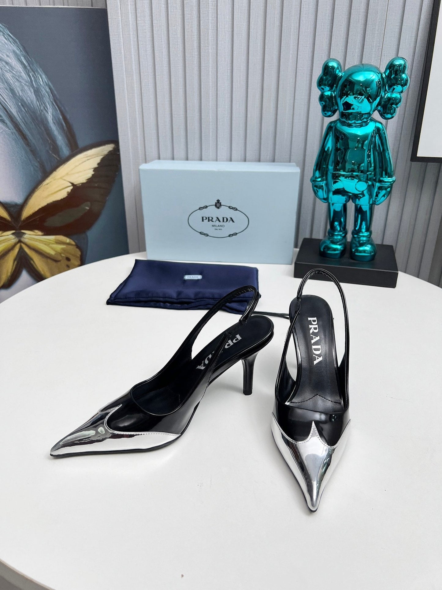 HIGH SLING BACK PUMPS IN SILVER MIX BLACK GLOSSY CALFSKIN - 35