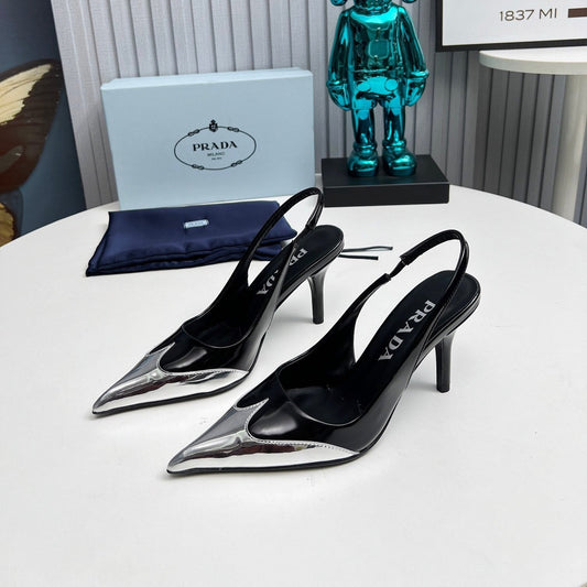 HIGH SLING BACK PUMPS IN SILVER MIX BLACK GLOSSY CALFSKIN - 35