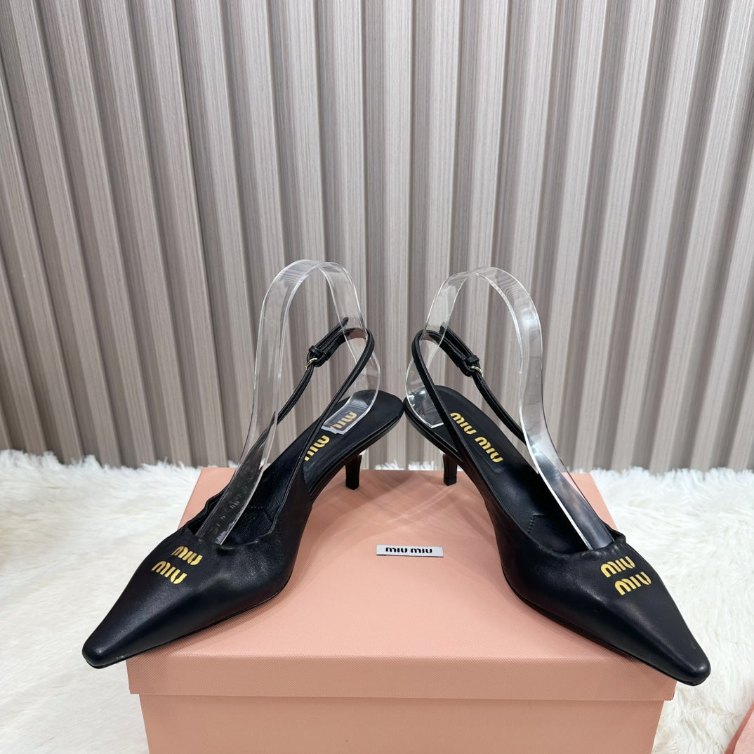 POINTED-TOE SLINGBACK IN BLACK LAMBSKIN - 34