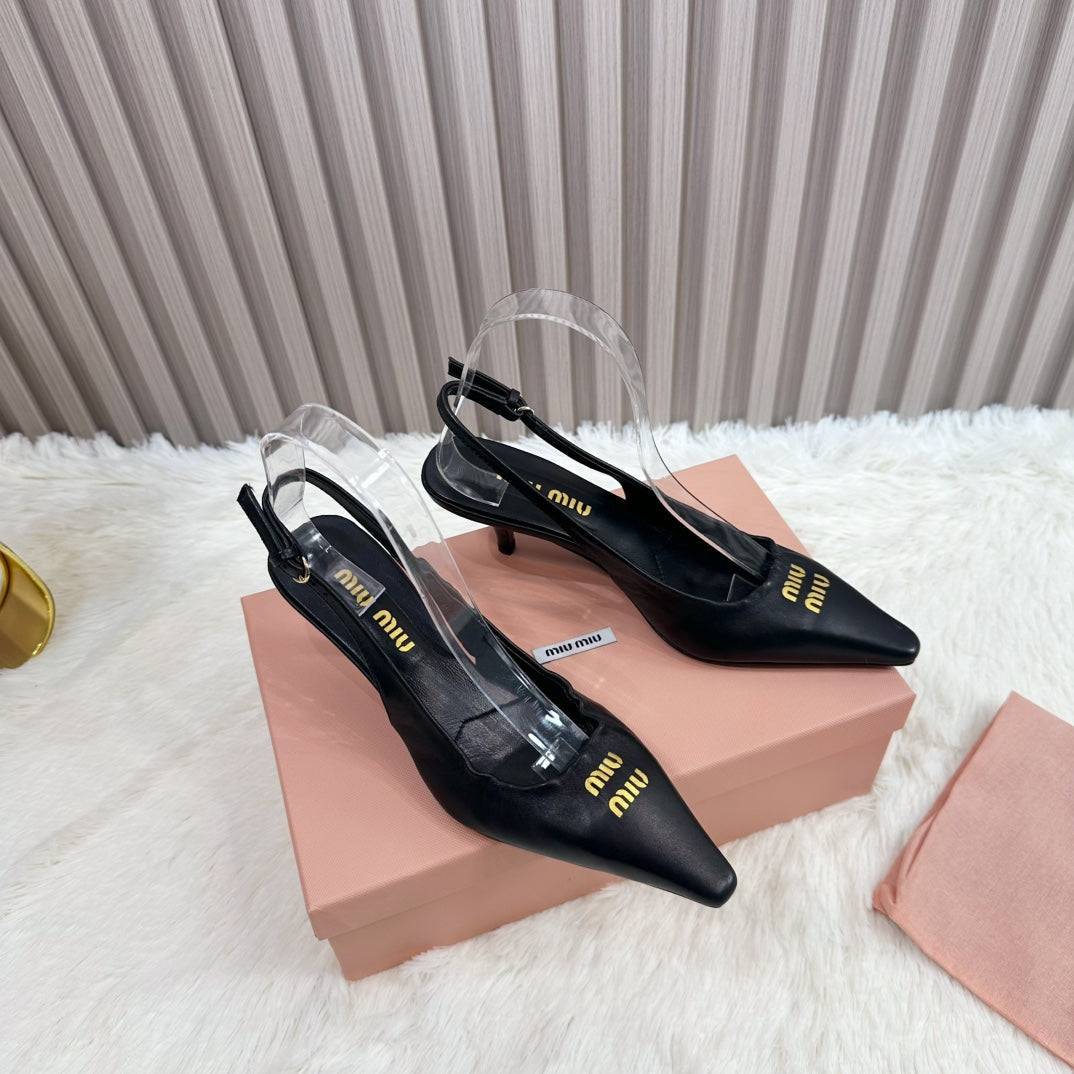POINTED-TOE SLINGBACK IN BLACK LAMBSKIN - 34