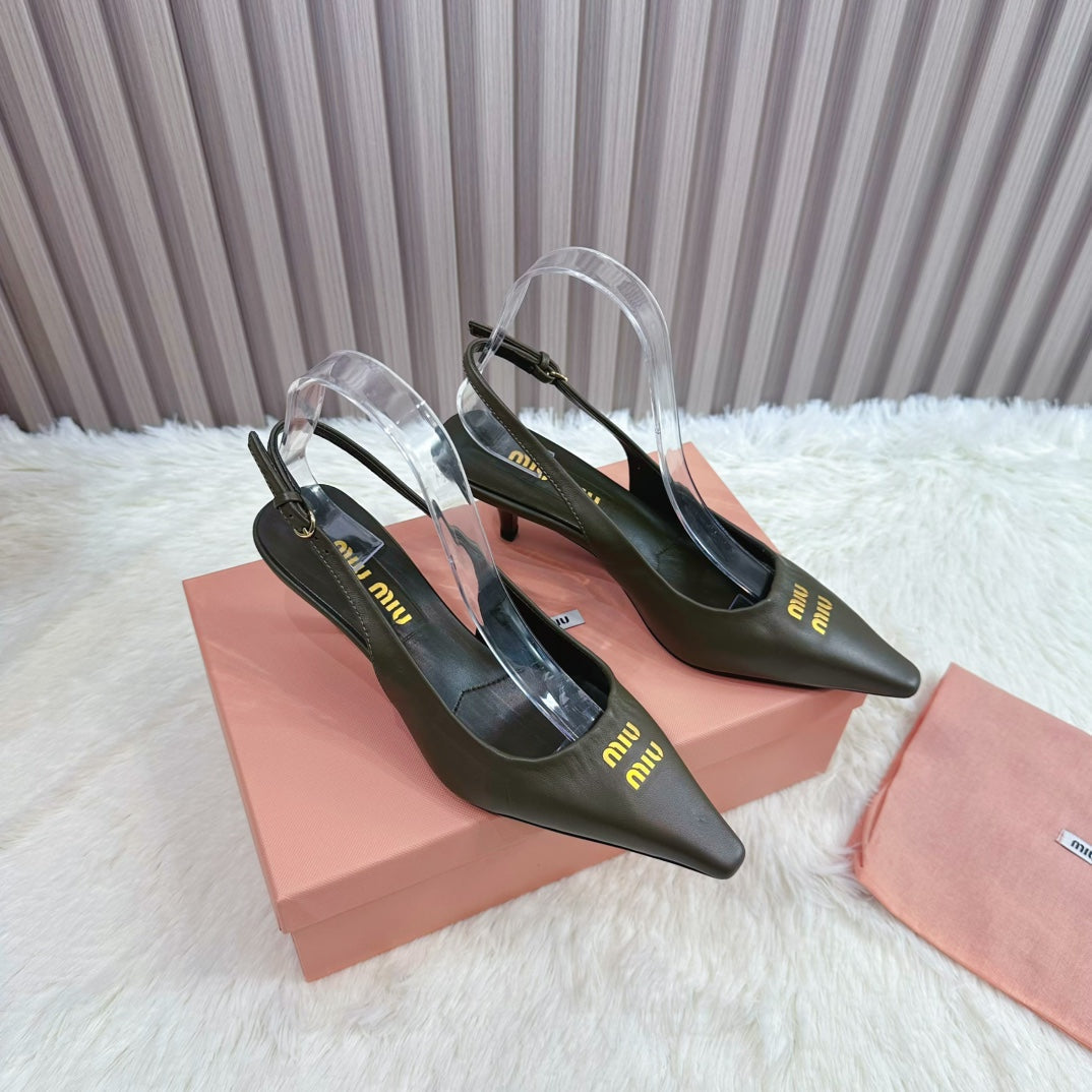 POINTED-TOE SLINGBACK IN ARMY GREEN LAMBSKIN - 34