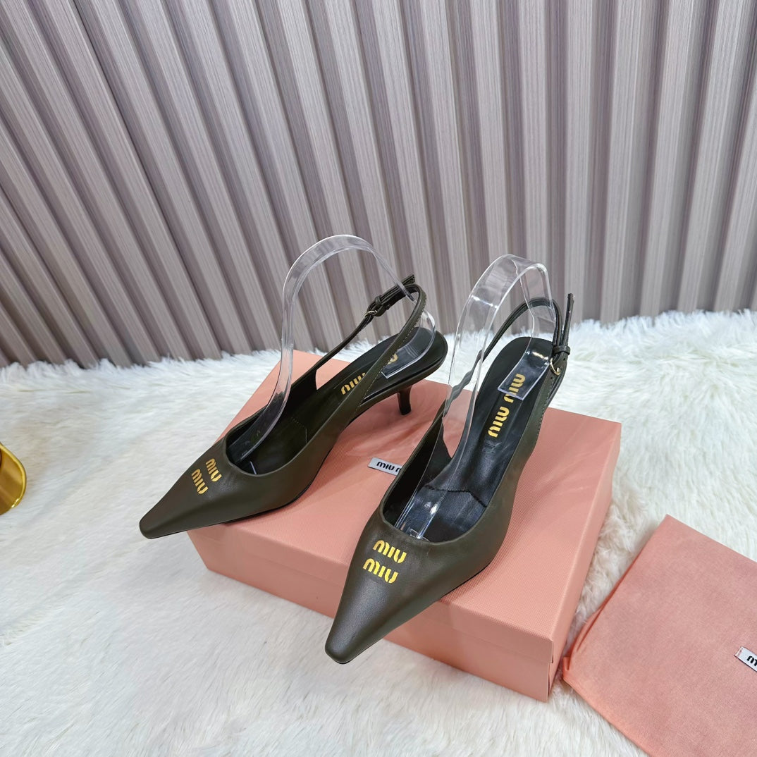 POINTED-TOE SLINGBACK IN ARMY GREEN LAMBSKIN - 34
