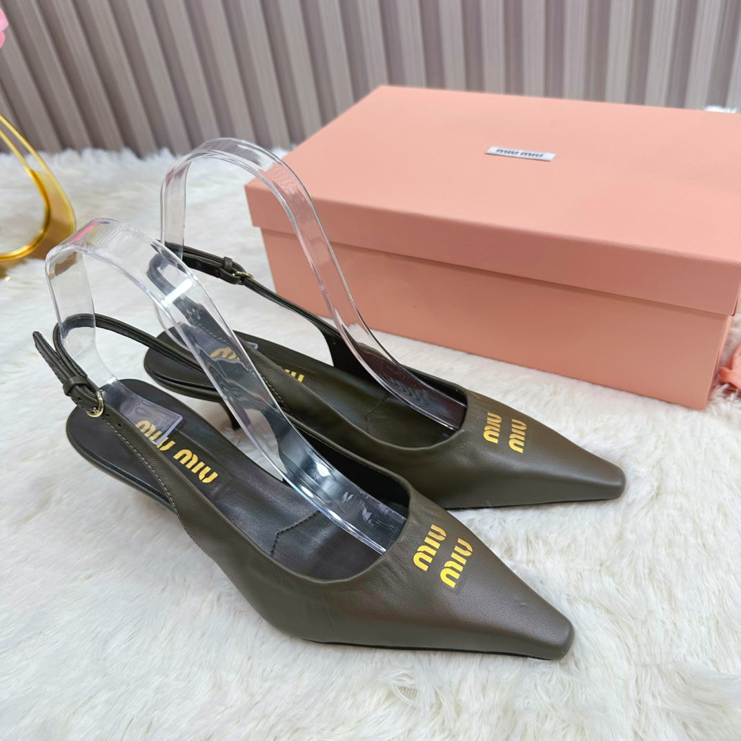 POINTED-TOE SLINGBACK IN ARMY GREEN LAMBSKIN - 34