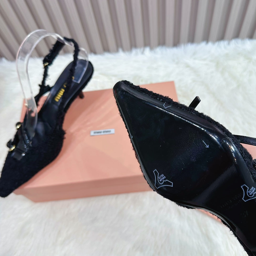 CROSS STRAP HIGH HEELED SLINGBACK IN BLACK TWEED - 34