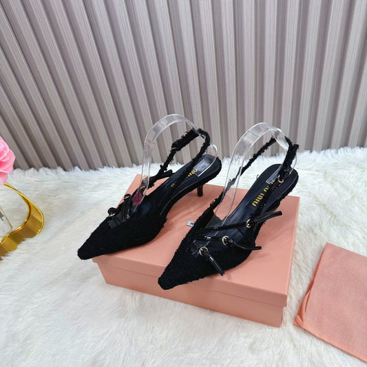 CROSS STRAP HIGH HEELED SLINGBACK IN BLACK TWEED - 34