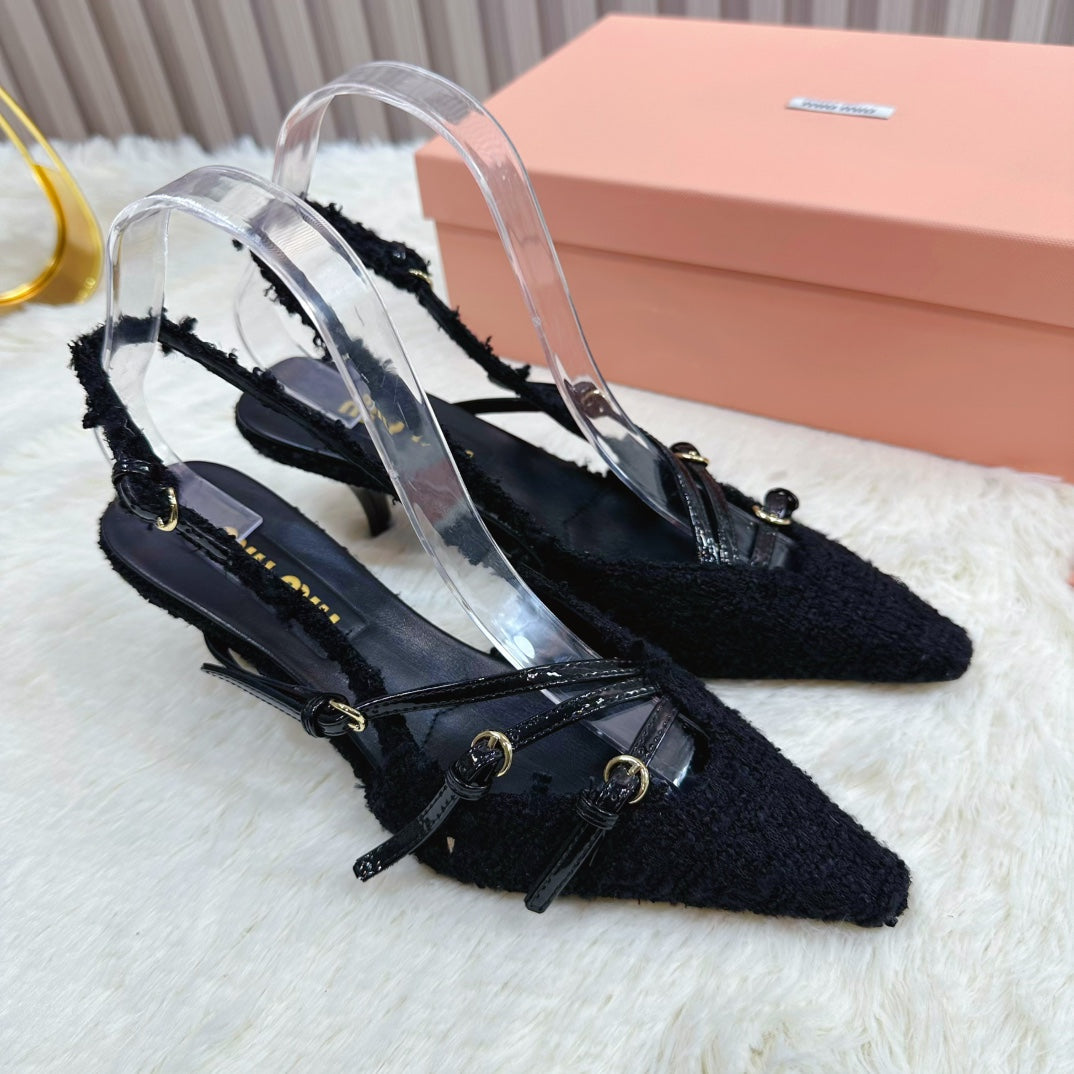 CROSS STRAP HIGH HEELED SLINGBACK IN BLACK TWEED - 34