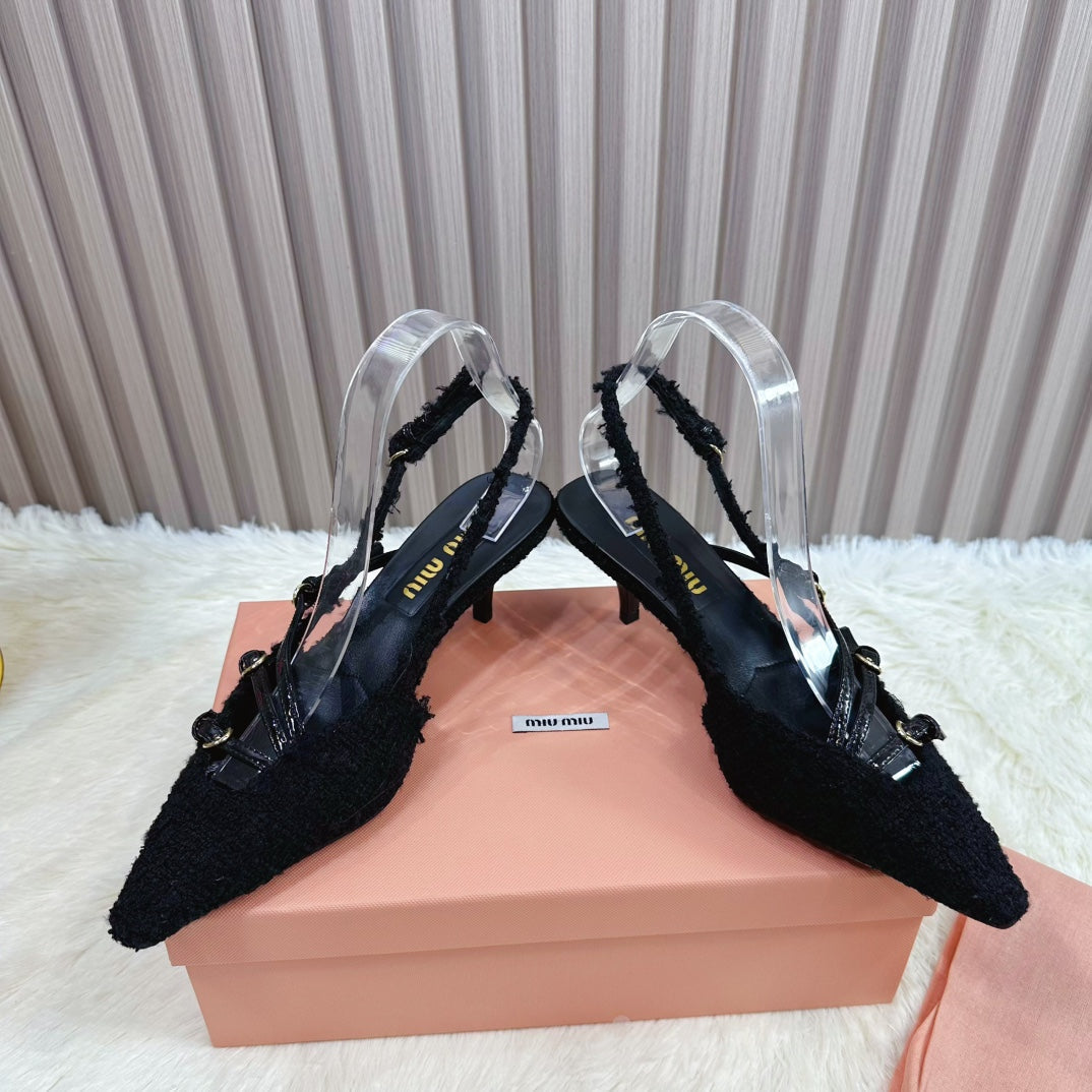 CROSS STRAP HIGH HEELED SLINGBACK IN BLACK TWEED - 34