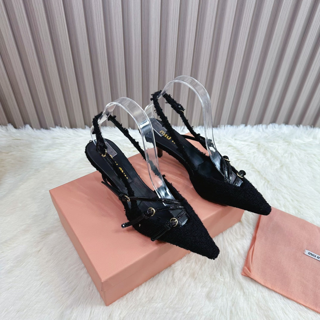 CROSS STRAP HIGH HEELED SLINGBACK IN BLACK TWEED - 34