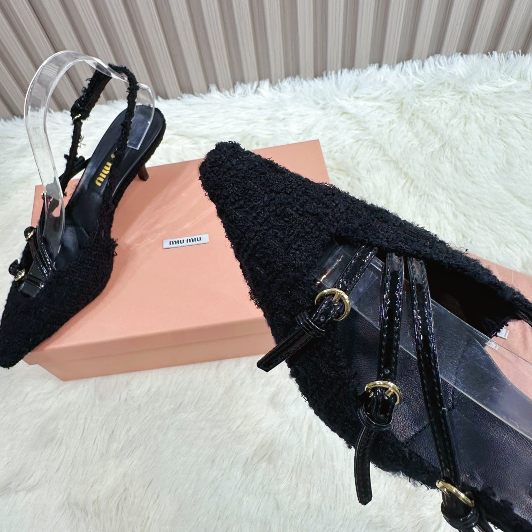 CROSS STRAP HIGH HEELED SLINGBACK IN BLACK TWEED - 34