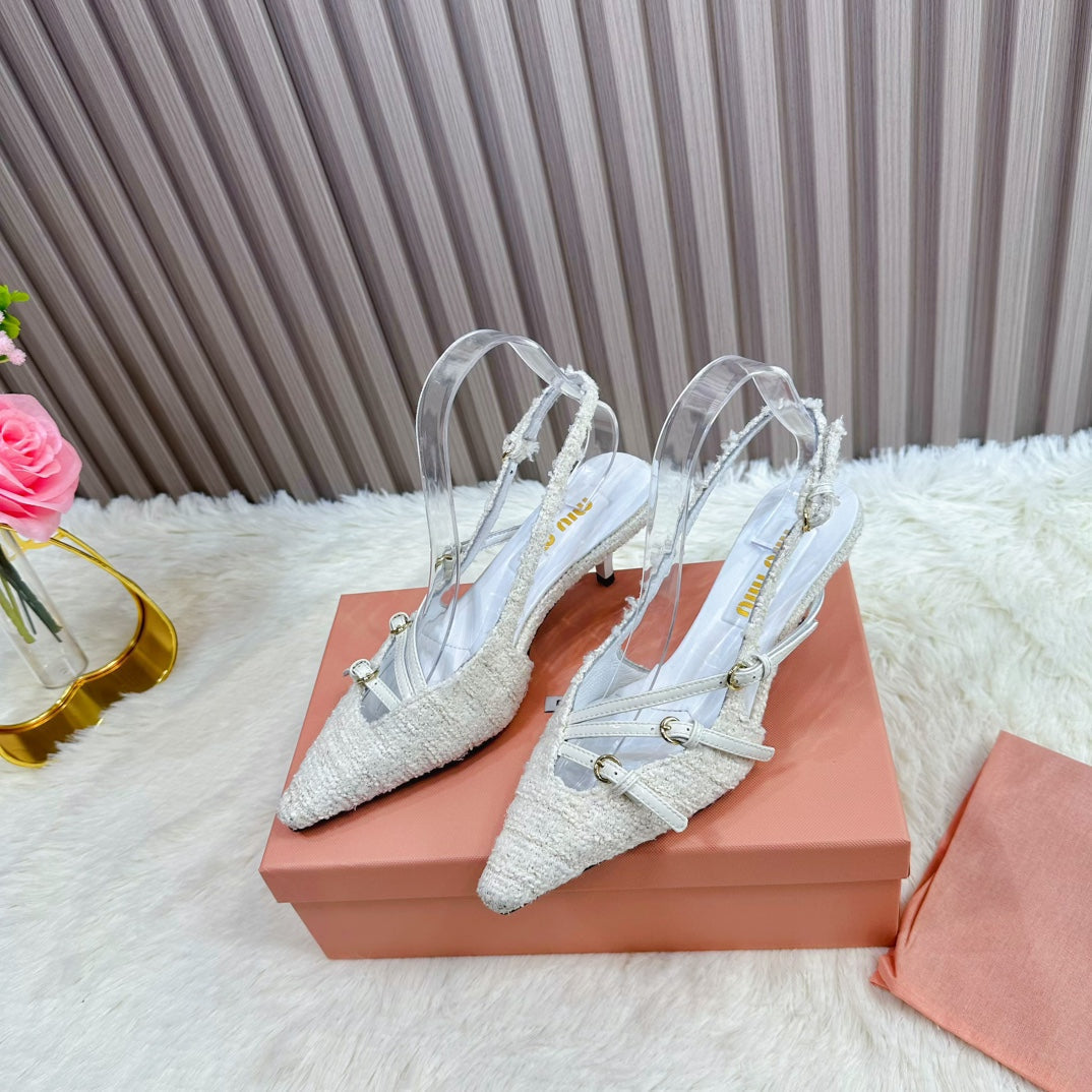 CROSS STRAP HIGH HEELED SLINGBACK IN BEIGE TWEED - 34