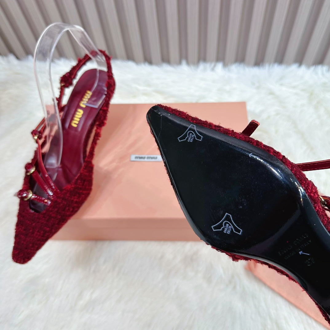 CROSS STRAP HIGH HEELED SLINGBACK IN CURRANT RED TWEED - 34