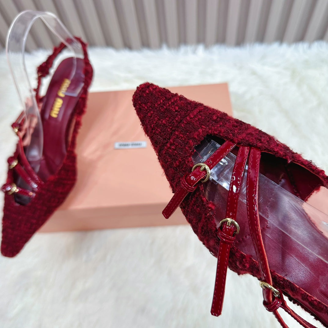 CROSS STRAP HIGH HEELED SLINGBACK IN CURRANT RED TWEED - 34