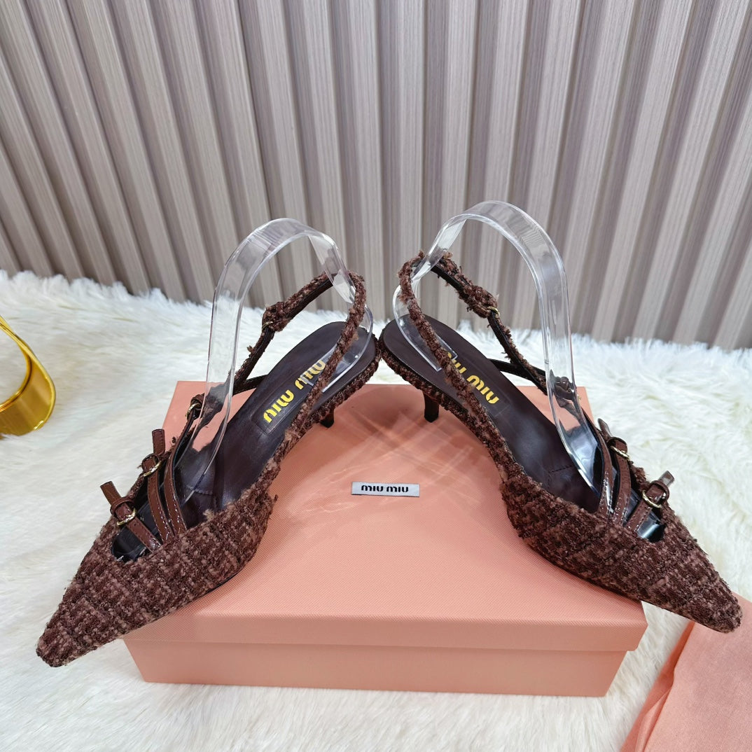 CROSS STRAP HIGH HEELED SLINGBACK IN CHOCOLATE TWEED - 34