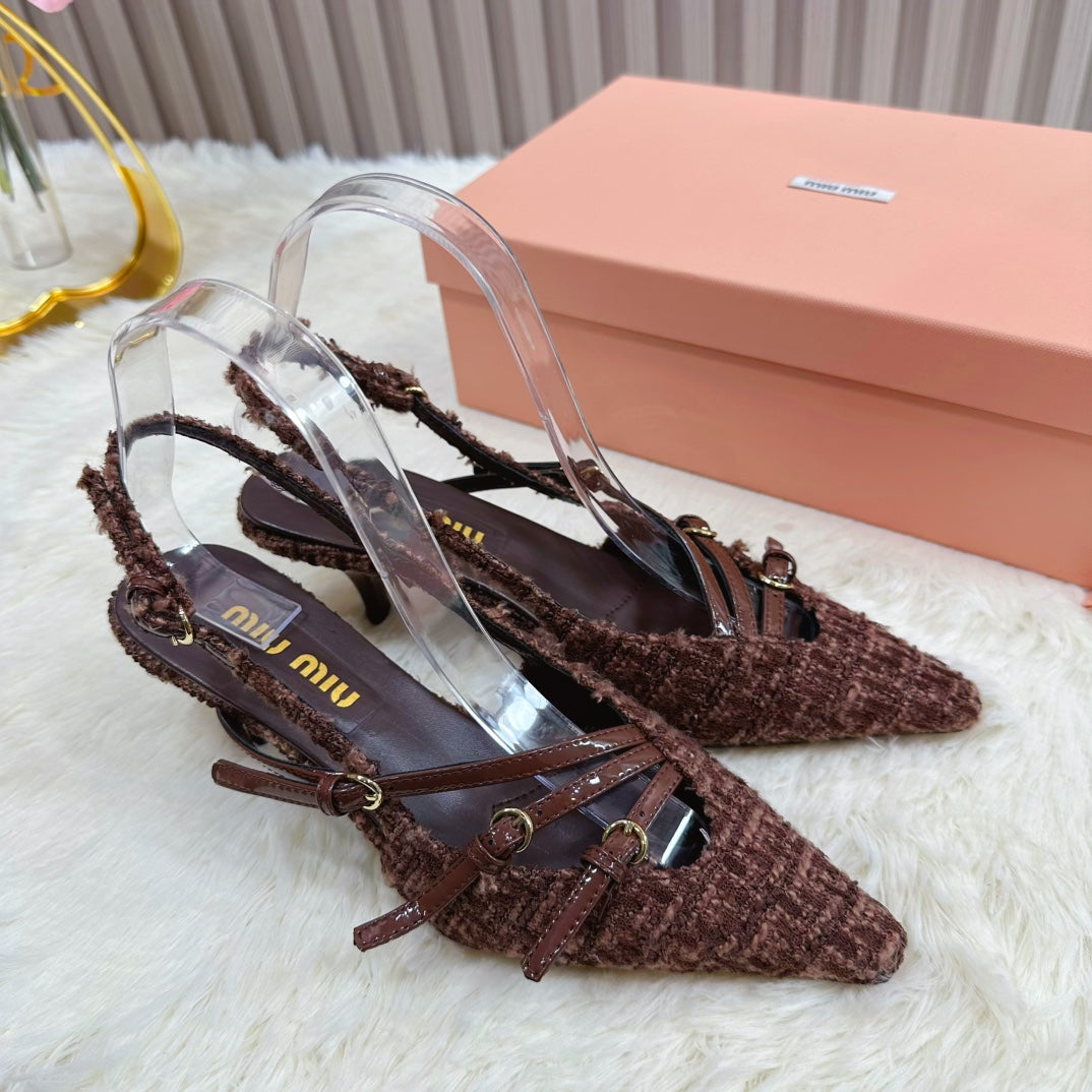 CROSS STRAP HIGH HEELED SLINGBACK IN CHOCOLATE TWEED - 34