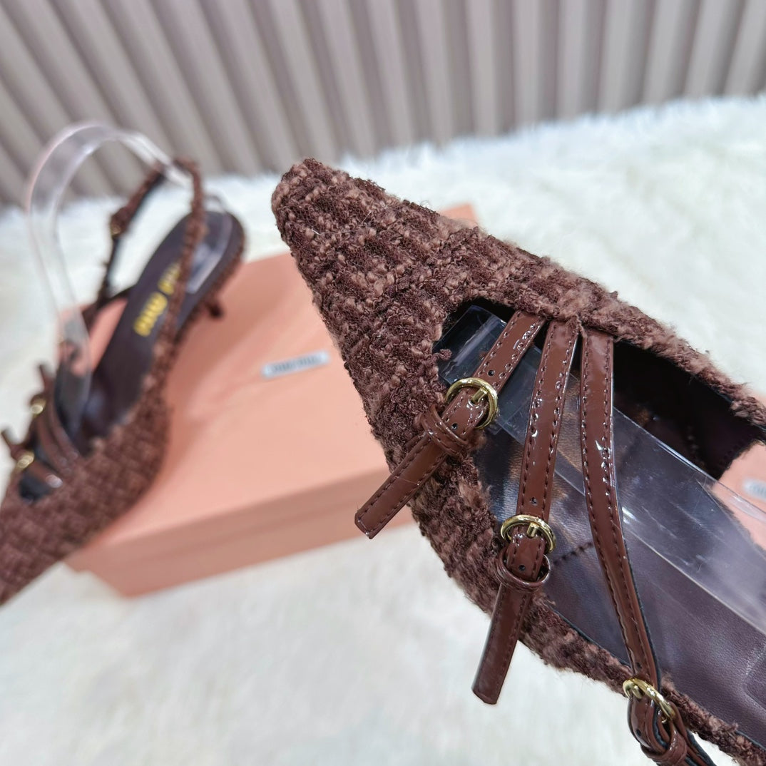 CROSS STRAP HIGH HEELED SLINGBACK IN CHOCOLATE TWEED - 34