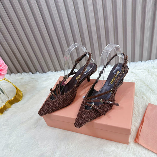 CROSS STRAP HIGH HEELED SLINGBACK IN CHOCOLATE TWEED - 34