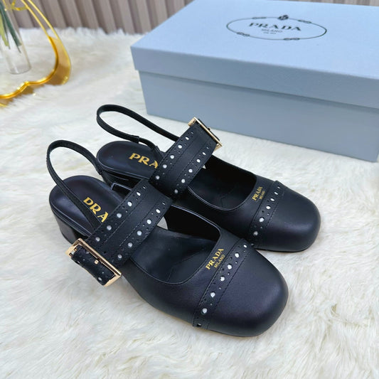 PRADA 26S SQUARE TOE STUDDED SLINGBACK BLOCK HEEL 40MM IN BLACK CALFSKIN