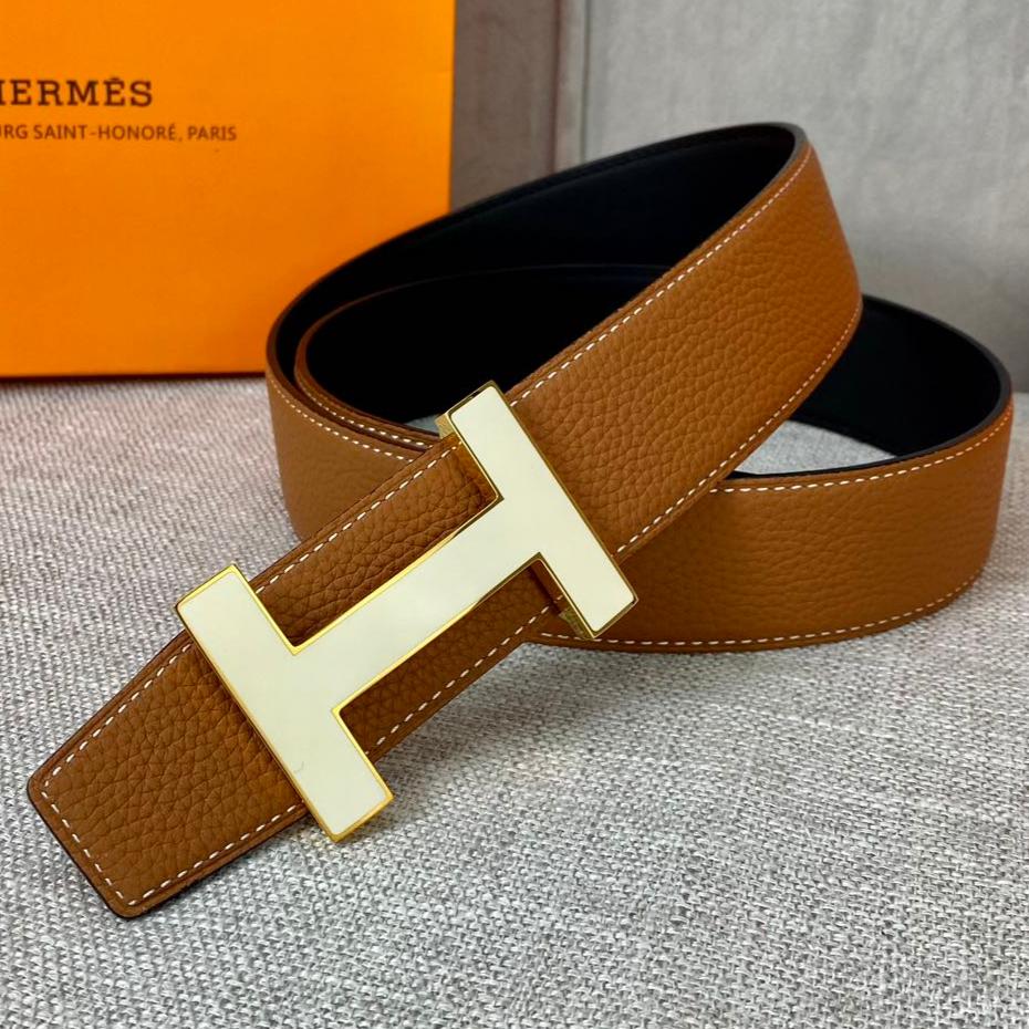 HM CONSTANCE BELT BUCKLE & REVERSIBLE TAWNY BROWN LEATHER STRAP 38MM GOLD HARDWARE - 30