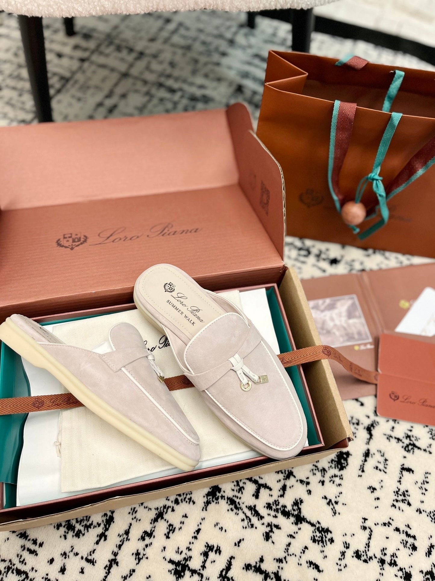 Loro Piana Light Grey White Suede Charms Walk Flat Mules - 35